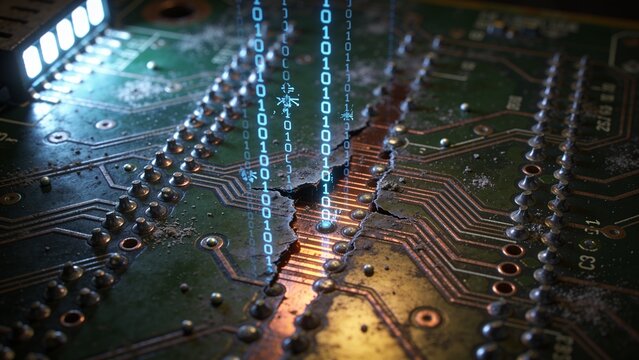 Showing PCB with cracked copper traces at bench, under warm and cool lights, with binary stream