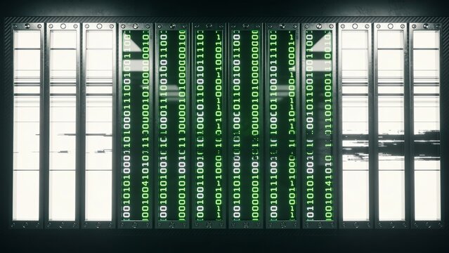 Displaying vertical server bay array glowing with green binary columns in data center