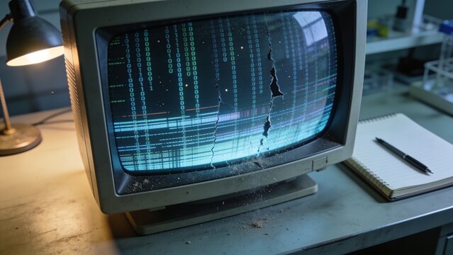 Displaying vintage cracked CRT monitor showing green binary on lab workbench, lamp and notebook