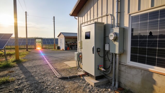 Standing inverter cabinet feeding power through black cable on gravel beside solar panels