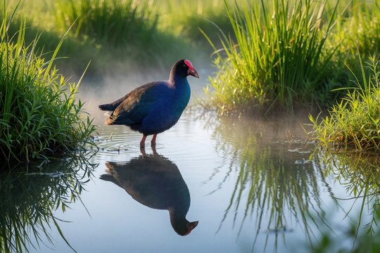 Purple pukeko bird stands in shallow wetland water. Colorful rail shows reflection in calm pond surface. Rich green grass, morning mist surround wild bird in marshland habitat. Natural wildlife scene