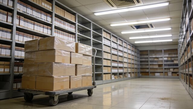 Occupying center-left, low flat trolley carrying shrink-wrapped boxes in archive room