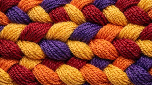Colorful wool yarn skeins arranged in braided pattern. Vibrant red orange yellow, purple textile fibers create textured background for craft projects. Close up view of soft knitting supplies for