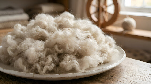 Pile of raw wool on ceramic plate indoors