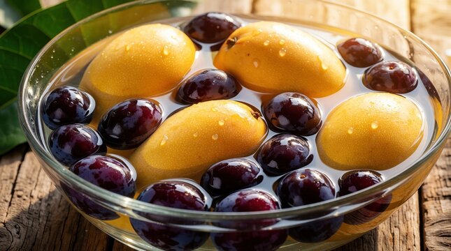 Fresh ripe mangoes, dark java plums soak in glass bowl with water. Tropical fruits wash on wooden table for healthy organic snack. Sweet juicy summer fruit preparation for vegan diet refreshing