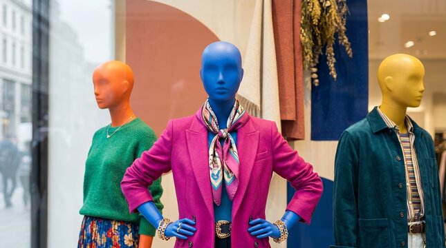 Colorful mannequins modeling bold coordinated outfits in fashion boutique window. Retail clothing display and visual merchandising. Fashion styling and seasonal apparel trends.