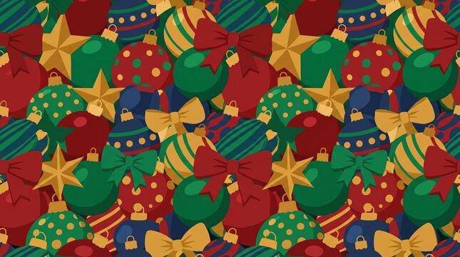maximalist pattern design, a vibrant, maximalist pattern of large baubles, bows, and stars in bold colors