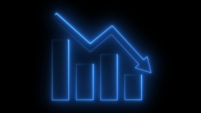 Neon sign Declining bar chart with downward trend. Business graph. loss graph direction. damage business graph. down business graph icon. arrow is going down. 4k motion video.