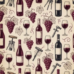 Fototapeta premium Vintage wine pattern with red bottles, glasses, purple grapes on beige background. Elegant seamless wallpaper features corkscrew, grapevine elements. Perfect rustic design for winery menu, alcohol