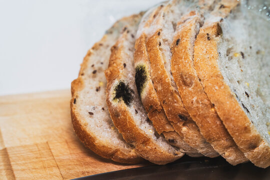 Slices of seeded wheat bread sit spoiled on cutting board beside knife. Dark toxic mold stains crust edges as unwholesome loaf illustrates food storage hazards and expired baked goods.