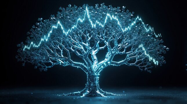Glowing digital tree with neon blue light lines. Financial stock market graphs grow on branches like leaves. Futuristic concept for business growth, data analysis, wealth management in tech sector.
