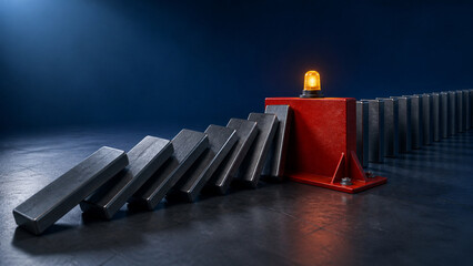 Obraz na płótnie Canvas A red barrier stops falling metal dominoes in a dark room with a flashing light. Concept for business crisis management, risk prevention, strategy, and protection.