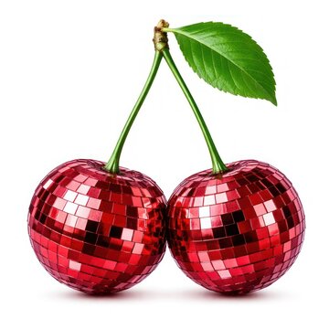 Two cherries designed as red disco balls with a green leaf attached.