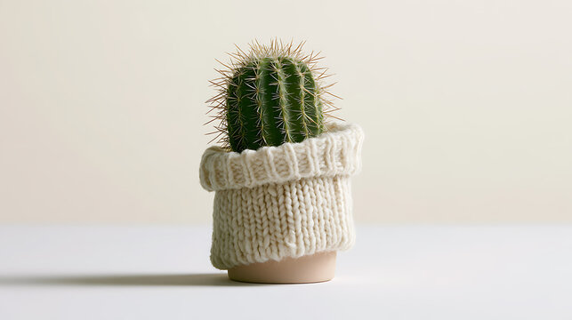 A small green cactus plant, known as Echinopsis, sits inside a cute white knitted cover pot on a minimalist bright neutral surface table