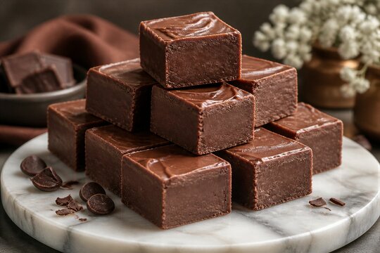Chocolate fudge squares stacked on marble serving plate