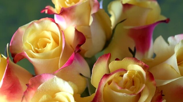 Downward camera movement reveals clustered yellow roses with pink edges in 4K video.