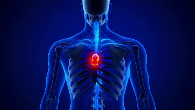 Detailed 3D animation of human skeleton with focus on spine, ribs, and glowing thymus gland in chest.