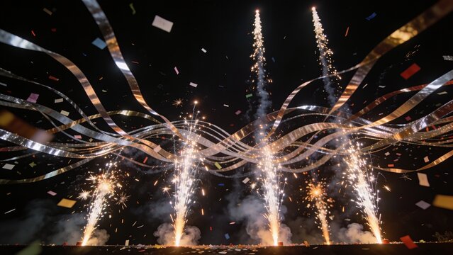 Five pyro fountains erupting gold sparks and smoke on dark stage, with metal ribbons and confetti
