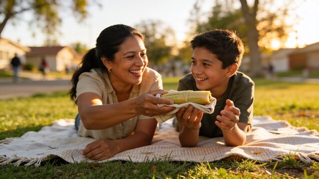 Handing mother and son in light shirt, dark tee sharing wrapped tamale on neighborhood lawn