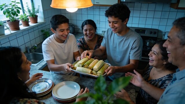Sharing family wearing casual tees and printed tops passing tamale tray with plates in kitchen