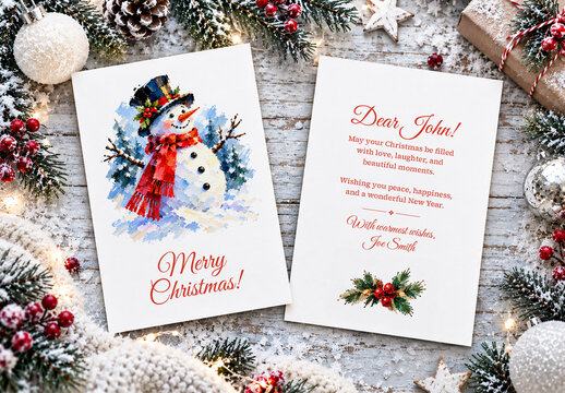 Elegant A5 Christmas Greeting Card Template with Watercolor Snowman Red Scarf Pine Branches and Red Script Calligraphy