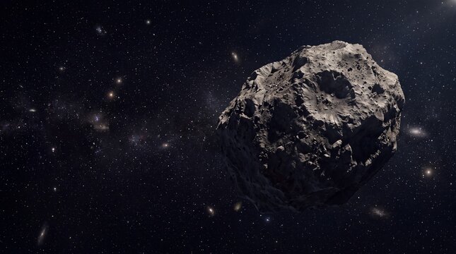 A cratered asteroid floats against a starfield with a distant galaxy glowing behind. Space mining and planetary defense for astronomy and science themes.