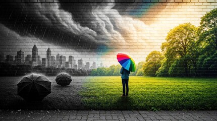 Plakat Conceptual art shows transition from grayscale rainy city to colorful sunny park. Lone person holds bright rainbow umbrella against dark storm. Symbolic image represents hope, pride, inclusion moving