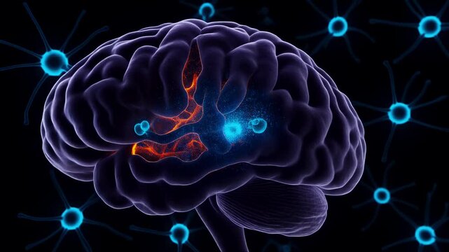 Dynamic animation of brain cells and neural pathways illustrating intricate cognitive functions and communication.