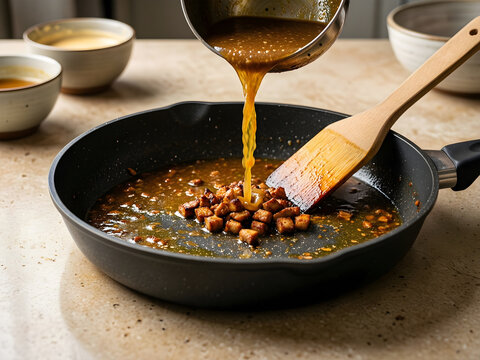 Roasting juices loosening browned bits into a gravy base for Sauce recipes and kitchen technique instruction