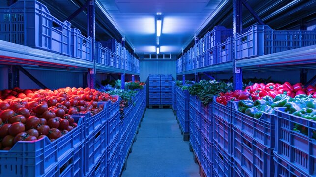 Refrigerated produce warehouse aisle stocked with crates of fresh vegetables under blue lighting