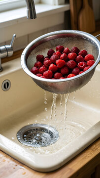 Fresh berries draining in a colander above a sink for Kitchen food preparation routines