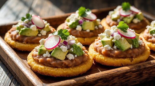 Authentic Mexican sopes with refried beans, avocado slices, white cheese, radish on wooden tray. Traditional corn masa appetizers topped with fresh ingredients. Tasty homemade snack served as