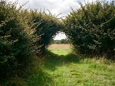 Dense bramble edge opening into a quiet grass clearing for Nature retreat and conservation imagery featuring distinct vegetated spaces