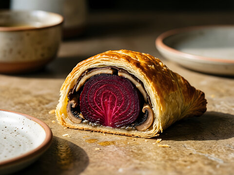 Beet Wellington slice exposing a whole roasted beet inside pastry for Vegetable main course recipes and seasonal meal content