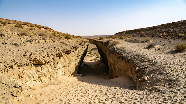 Narrow notch through a low dry ridge for Arid landscape travel and environmental backgrounds with distinct terrain