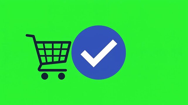 Order Confirmation Animation with Shopping Cart and Checkmark Badge on Green Screen