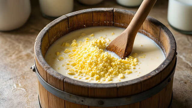 Butter granules separating from buttermilk inside a churn for Artisan dairy recipes and kitchen craft content