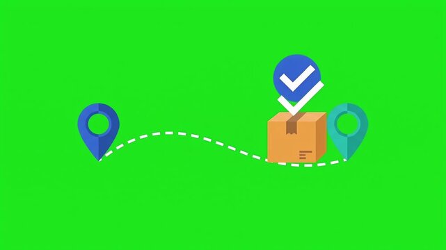 E-commerce Delivery Tracking with Cardboard Parcel Moving Along Curved Route Between Location Pins on Green Screen