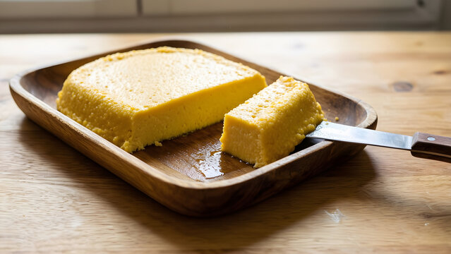 Fresh polenta setting in a shallow wooden tray for Regional comfort food and batch cooking