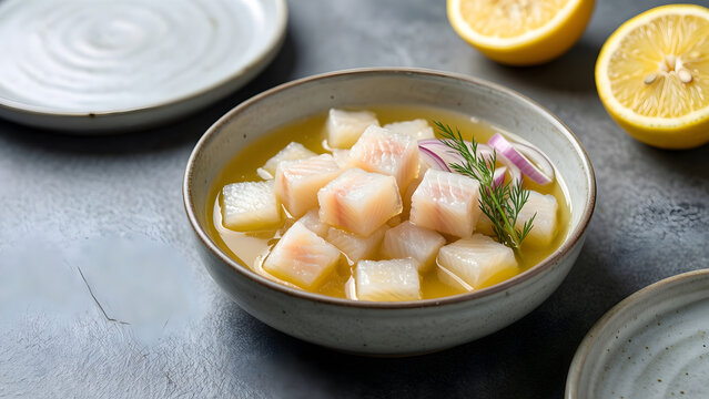 Fish cubes turning opaque around their edges in citrus for Seafood recipes and preparation guidance