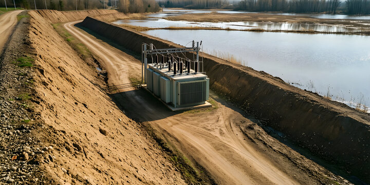 Low flood protection berm surrounding an electrical substation for Flood adaptation for essential power infrastructure