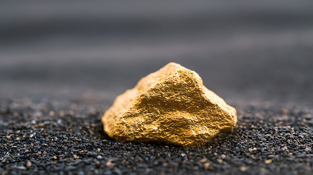 A single raw gold nugget resting on dark sand, representing wealth, precious metal mining, treasure discovery, and financial investment