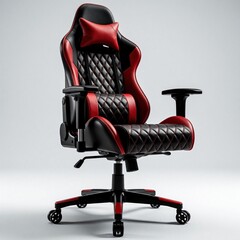 Naklejka premium Ergonomic gaming chair with red, black quilted leather design. Modern racing style seat features lumbar support, head pillow. Adjustable armrests, swivel base with caster wheels for home office pro