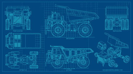 Technical blueprint illustration of a heavy duty mining dump truck. © TechDesign