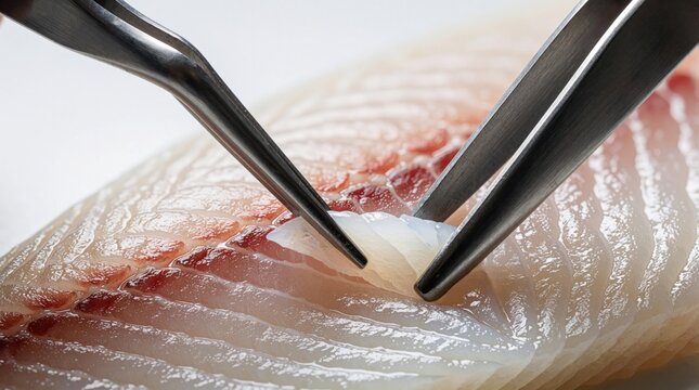 Chef uses metal tweezers to remove tiny pin bones from raw fish fillet. Pro cook prepares fresh seafood in kitchen for culinary dish. Detailed close up of cleaning white meat for healthy meal