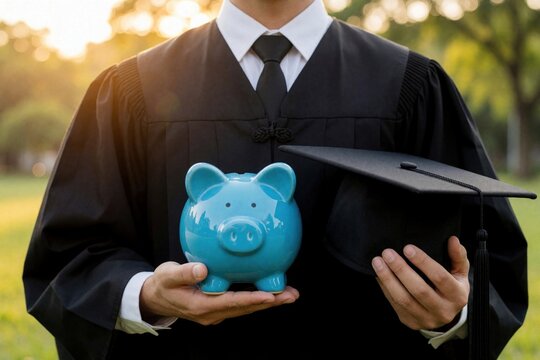 Male student in graduation gown holds blue piggy bank, academic cap. Graduate saves money for university tuition fees. Young man plans college budget, manages student loan debt for future education,