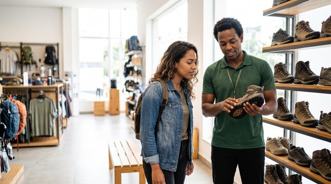 Sales associate shows hiking boots to a female customer in an outdoor gear store