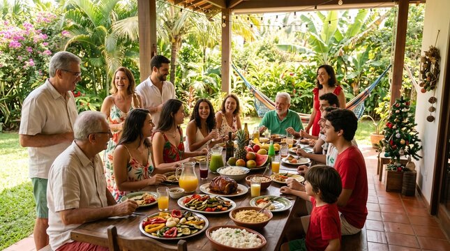 Multi generational family enjoying a festive Christmas dinner outdoors in a tropical setting
