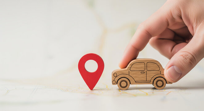 Hand pushing a wooden toy car toward a red map pin on paper perfect for road trip planning and travel route guidance ideas concepts
