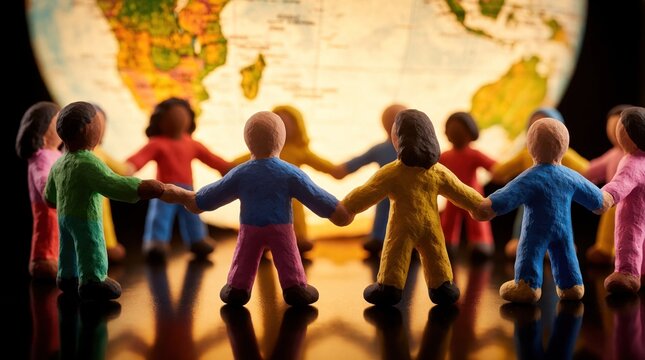Diverse clay figures hold hands in circle. Colorful small people connect around glowing earth globe. Community concept of unity, global cooperation, teamwork. International group celebrates oneness,